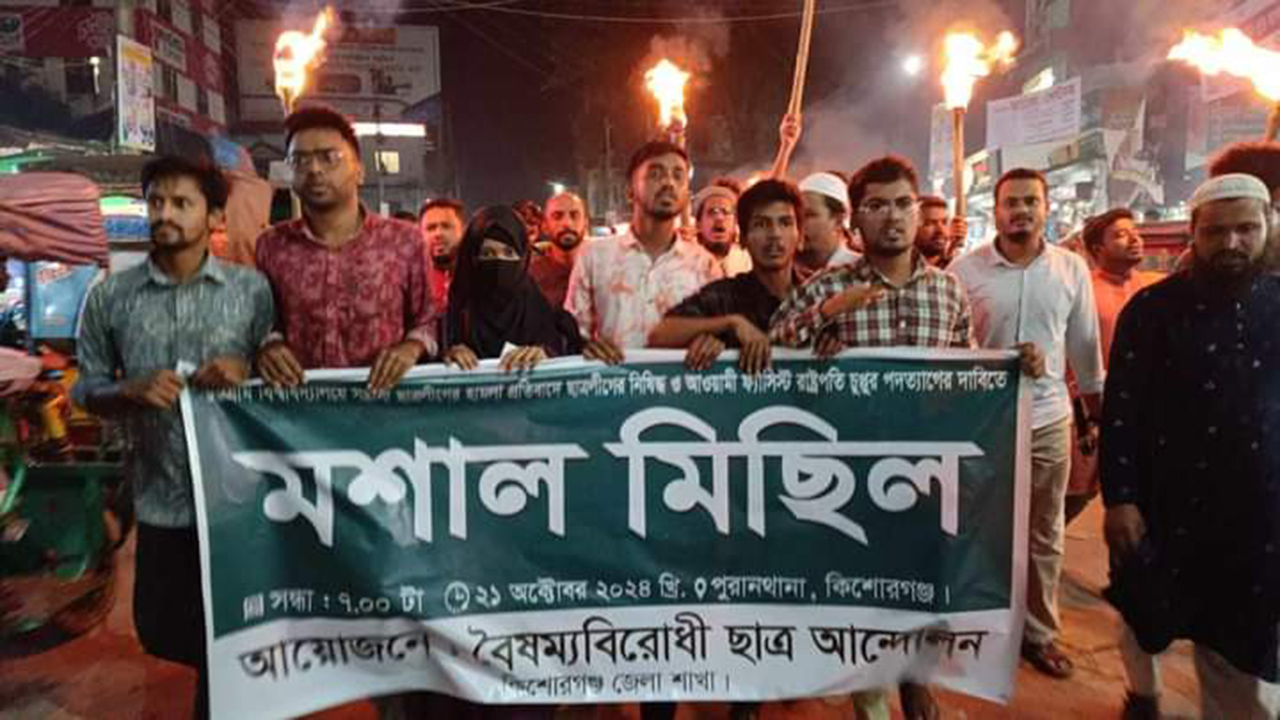 কিশোরগঞ্জে রাষ্ট্রপতির পদত্যাগ দাবিতে ছাত্র আন্দোলনের মশাল মিছিল